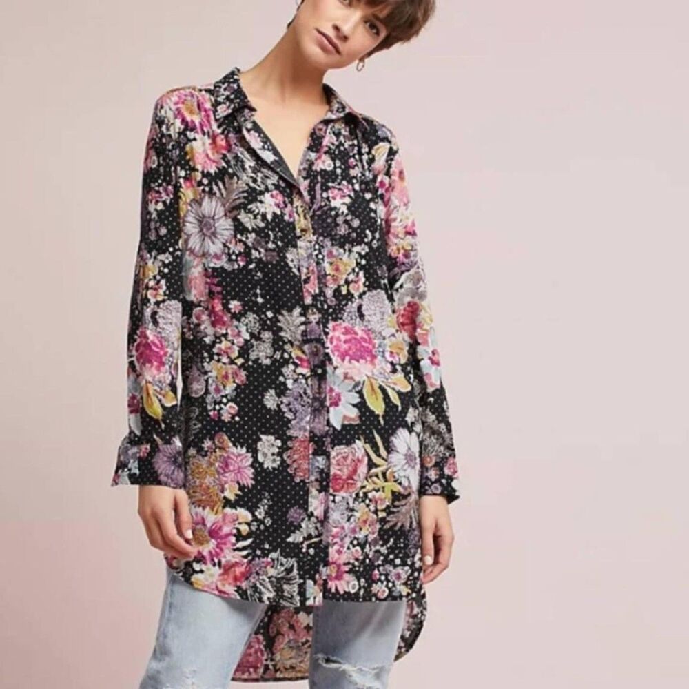 Maeve Anthropologie Autumnal Floral Button Front High Low Shirt Top Tunic Sz XS